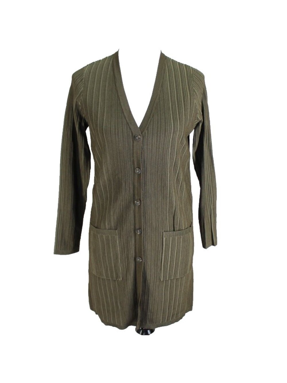 Chicos Cardigan Sz 0 S Olive Green Ribbed Knit V Neck Long Sleeves Pockets Women